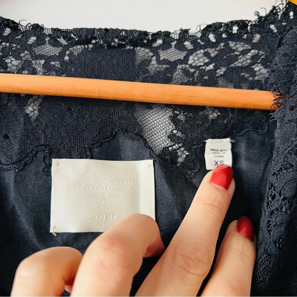 Doen Black Lace-Trim Puff-Sleeve Blouse